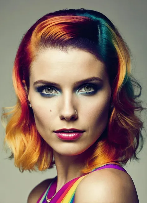 analog style, modelshoot style, portrait of sks woman by Flora Borsi, style by Flora Borsi, bold, bright colours, rainbow Mohawk haircut, ((Flora Borsi)), <lora:locon_sophiabush_v1_from_v1_64_32:1.25>