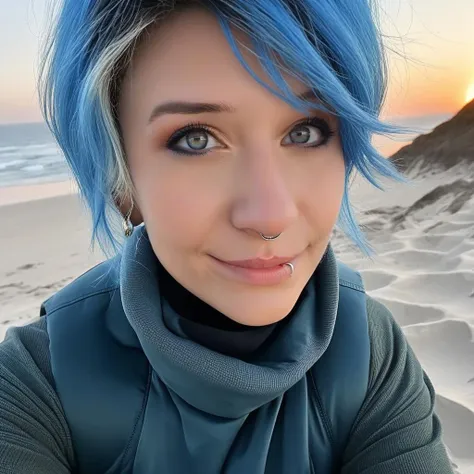 Proxy1024 , a woman, blue hair, piercings, nose ring, turtleneck, jeans, beach, sunset, detailed eyes, photography, highly detailed, sharp focus, trending on artstation, studio photo, intricate details, highly detailed, by greg rutkowski <lora:Proxy1024:0.8>