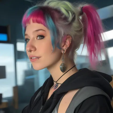 Proxy1024, a woman, full body,multicolor hair, full body, piercings, (bottom lip piercing), nose ring,cyberpunk streetwear, detailed eyes, photography, highly detailed, sharp focus, trending on artstation, studio photo, intricate details, highly detailed, by greg rutkowski <lora:Proxy1024-000240:0.8>