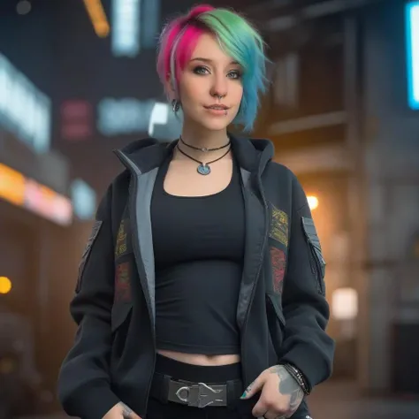 Proxy1024, a woman, full body,multicolor hair, full body, piercings, (bottom lip piercing), nose ring,cyberpunk streetwear, detailed eyes, photography, highly detailed, sharp focus, trending on artstation, studio photo, intricate details, highly detailed, by greg rutkowski <lora:Proxy1024-000240:0.8>