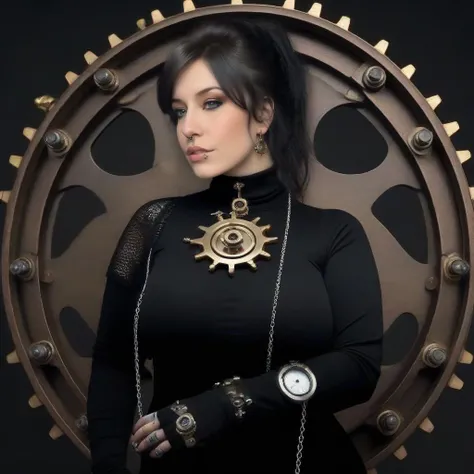 a woman, big breast, full body, piercings, nose ring, Gothic steampunk  turtleneck with mechanical gears and chains,  detailed eyes, photography, highly detailed, sharp focus, trending on artstation, studio photo, intricate details, highly detailed, by greg rutkowski   <lora:Proxy1024-000240:0.8>