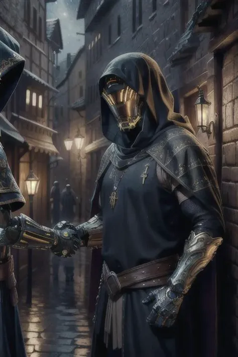masterpiece, best quality, intricate details, handshake, mecha, hood, cape, <lora:ghostRunner_v10:0.7>, ultra hd, 4k, volumetric lighting, epic composition, photorealism, complex and detailed medieval european village, starry sky, <lora:xsarchitectural_13nightmagictown:0.3>