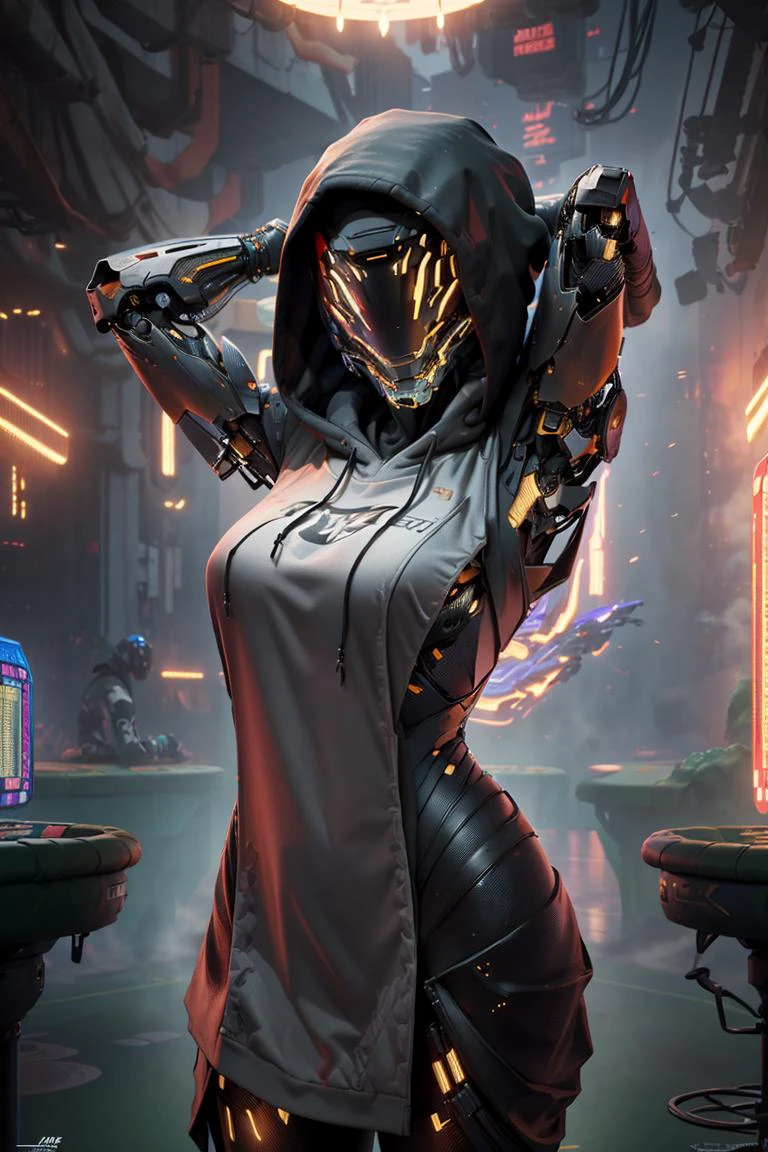award winning masterpiece design, a  1girll nsfw hooded  female mecha, , (white_hood:1.1), hands behind head, arms up, ,ultra realistic detailed intricate concept art station photorealistic sharp focus ray tracing 8k
hood_up, beautiful face, solo, inside underground (casino:1.3), dystopian world,

<lora:GhostRunner_v10:0.84>