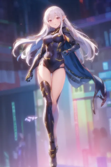 masterpiece, best quality, mecha, <lora:GR:0.8>,<lora:Light and Shadow:0.6>,starry,sky,wings, star \(sky\), hood,cape,  white hair,  long hair,  pointy ears, long legs,