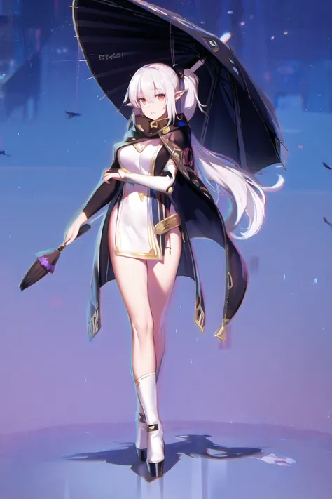 masterpiece, best quality, mecha, <lora:GR:0.8>,<lora:Light and Shadow:0.6>,starry,sky, (wings), star \(sky\), hood,cape,  white hair,  long hair,  pointy ears,  ponytail holder,  hair ornament, slim legs, full body,    
holding umbrella, high heel boots,