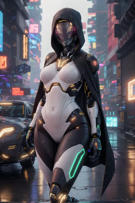 masterpiece, best quality, 4k,  mecha, <lora:GR:0.8>,<lora:Light and Shadow:0.6>,starry,sky,  star \(sky\), cape,  hair ribbon, slim legs,  hood,  long hair, white hair, cyberpunk, depth of field,  rain,