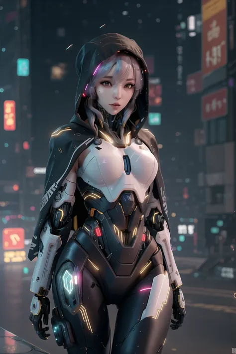 masterpiece, best quality, 4k,  mecha, <lora:GR:0.8>,<lora:Light and Shadow:0.6>,starry,sky,  star \(sky\), cape,  hair ribbon, slim legs,  hood,  long hair, white hair, cyberpunk, depth of field,