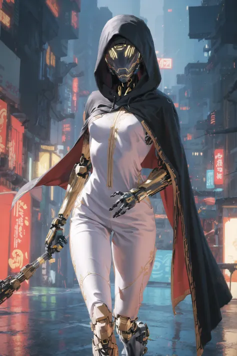 masterpiece, best quality, mecha, <lora:GR:0.8>,<lora:Light and Shadow:0.6>,starry,sky,  star \(sky\), cape,    hood up,   hair ribbon, slim legs,    long hair, floting hair, white hair, cyberpunk, depth of field,
high heel boots, rain,