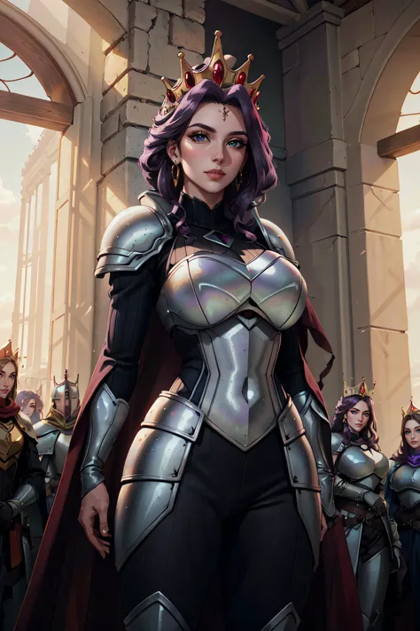 (masterpiece, best quality, ultra detailed)1.5, 1girl, solo, (sexy, beautiful woman, perfect face, perfect eyes, perfect female body)1.5, (mirelia, long hair, purple hair, long sleeves, jewelry, earrings, cape, armor, tiara, crown, shoulder armor, breastplate, <lora:Mirelia:0.75>), (standing inside a medieval castle), (large breasts:1.5), perfect lighting, smooth, hdr, 8k resolution