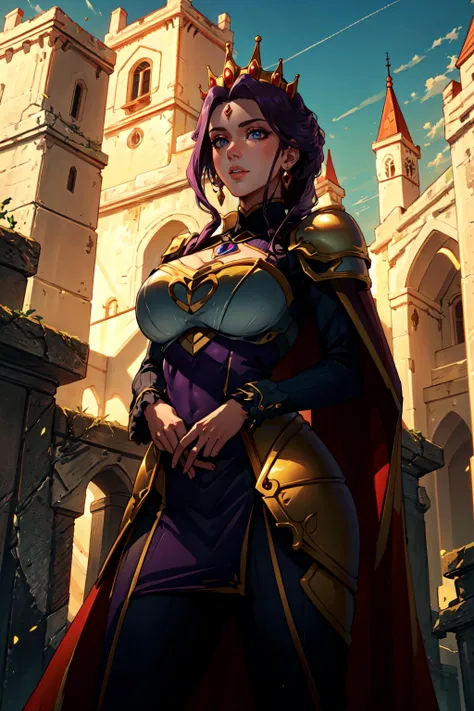 (masterpiece, best quality, ultra detailed)1.5, 1girl, solo, (sexy, beautiful woman, perfect face, perfect eyes, perfect female body)1.5, (mirelia, long hair, purple hair, long sleeves, jewelry, earrings, cape, armor, tiara, crown, shoulder armor, breastplate, <lora:Mirelia:0.75>), (standing inside a medieval castle), (large breasts:1.5), perfect lighting, smooth, hdr, 8k resolution