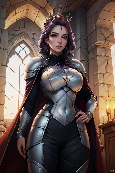 (masterpiece, best quality, ultra detailed)1.5, 1girl, solo, (sexy, beautiful woman, perfect face, perfect eyes, perfect female body)1.5, (mirelia, long hair, purple hair, long sleeves, jewelry, earrings, cape, armor, tiara, crown, shoulder armor, breastplate, <lora:Mirelia:0.75>), (standing inside a medieval castle), (large breasts:1.5), perfect lighting, smooth, hdr, 8k resolution