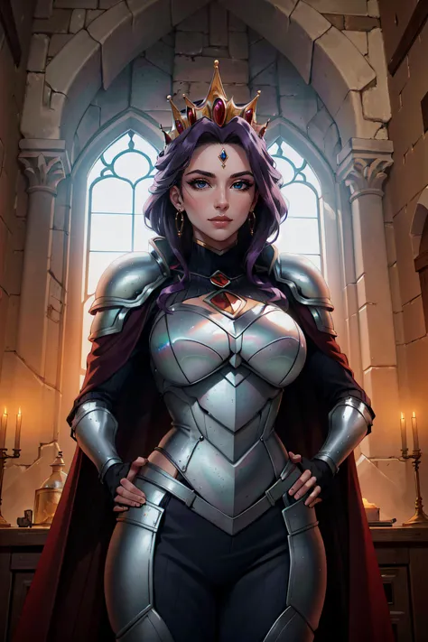 (masterpiece, best quality, ultra detailed)1.5, 1girl, solo, (sexy, beautiful woman, perfect face, perfect eyes, perfect female body)1.5, (mirelia, long hair, purple hair, long sleeves, jewelry, earrings, cape, armor, tiara, crown, shoulder armor, breastplate, <lora:Mirelia:0.75>), (standing inside a medieval castle), (large breasts:1.5), perfect lighting, smooth, hdr, 8k resolution
