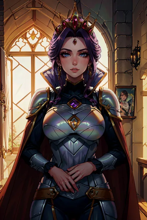 (masterpiece, best quality, ultra detailed)1.5, 1girl, solo, (sexy, beautiful woman, perfect face, perfect eyes, perfect female body)1.5, (mirelia, long hair, purple hair, long sleeves, jewelry, earrings, cape, armor, tiara, crown, shoulder armor, breastplate, <lora:Mirelia:0.75>), (standing inside a medieval castle), (large breasts:1.5), perfect lighting, smooth, hdr, 8k resolution
