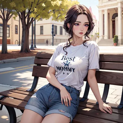 (masterpiece:1.2, best quality:1.1, highres,absurdres, high quality),(photorealistic:1.1),reflected light, colorful,ultra-detailed,8k, ultra hd, super detailed,1girl, (shirt with text "BEST MILF"):1.2 ,mirelia, shorts, park,  solo, on back, sleepy, park bench, purple eyes, 
 <lora:Mirelia-11:0.6>  <lora:GoodHands-beta2:1>
