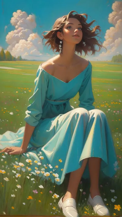 (oil painting style:1.6), bright colors, gorgeous young woman, detailed eyes, simple blue dress, <lora:sxz-niji-v2:.6> <lora:epi_noiseoffset2:1> , sitting on grass, leaning back, looking up, ,day, god rays, cloud, full body, smile