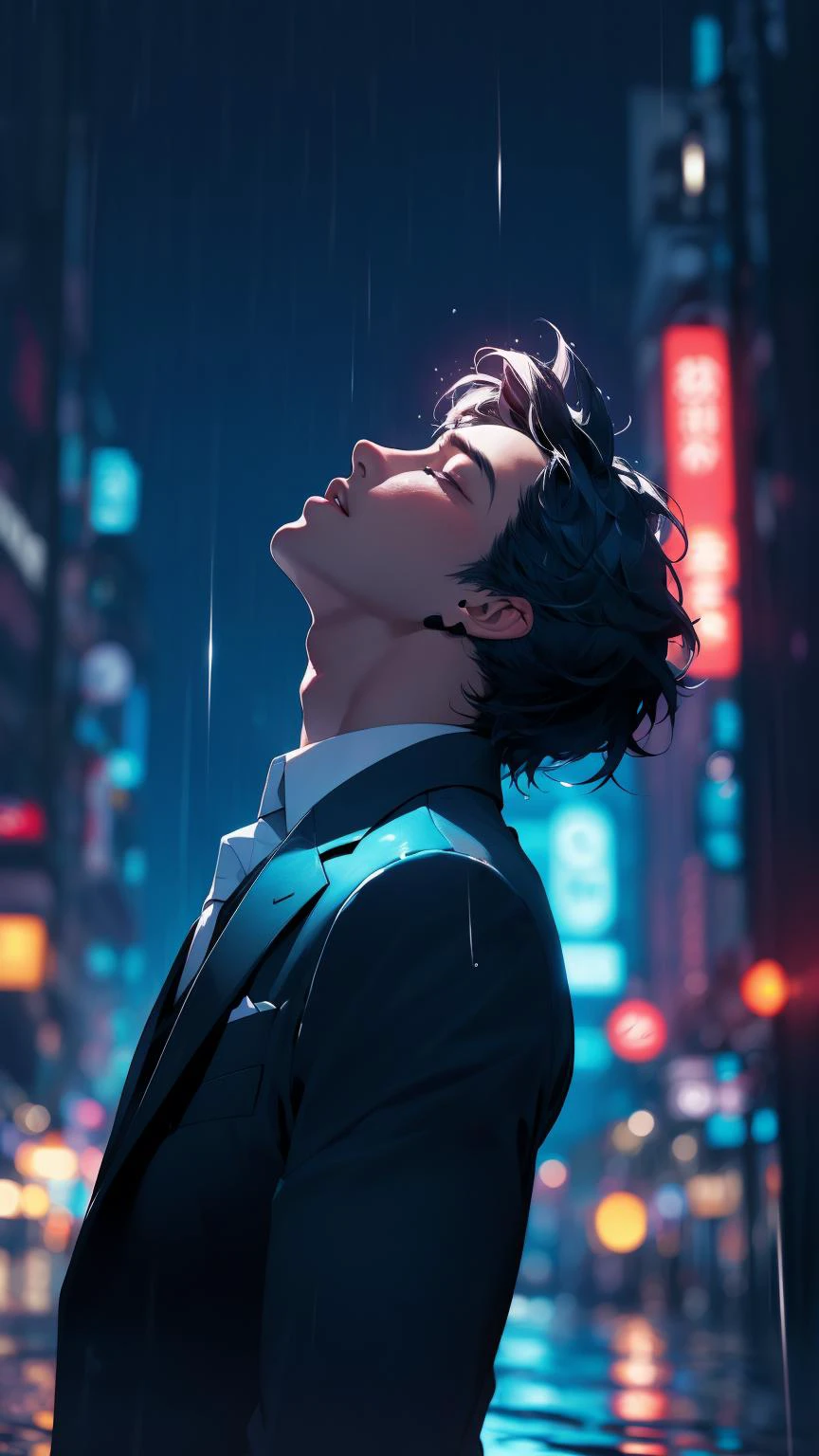 abstract art, bokeh, city rain,<lora:sxz-niji-v2:0.6> , handsome male model, blue and black theme, suit, in rain, wet hair, lapel pin, looking up. eyes closed, dutcg angle, <lora:epi_noiseoffset2:1> , streaming tears,