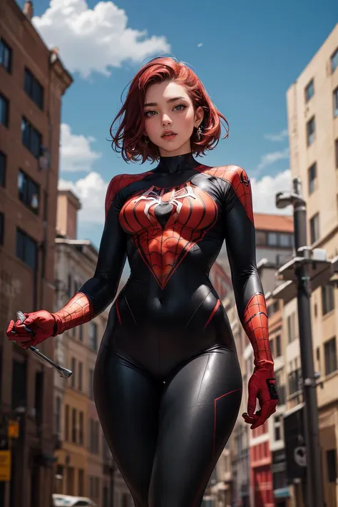 (oil painting style), cowboy shot, spiderwoman costume, tight clothes,short red hair,on top of a building