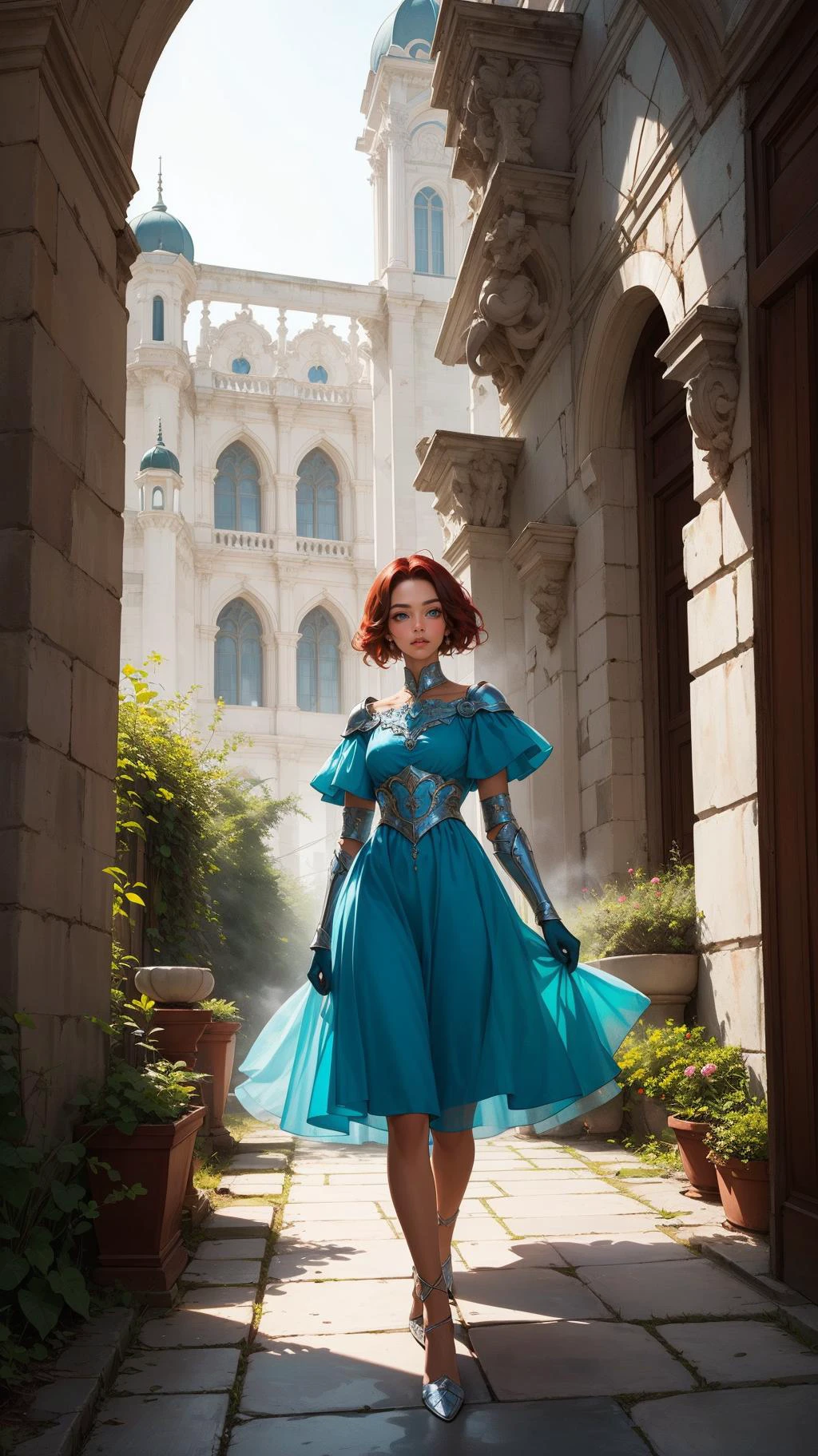 solo, palace in background,vivid, colors,blue armor dress, silvery glow, mist, bone gloves, lady,royal, walking in garden, full body, path <lora:epi_noiseoffset2:1>, naomi scott, red hair, green eyes, (brown skin:1.3), Abstract Iridescent Photo-Style by Nouni