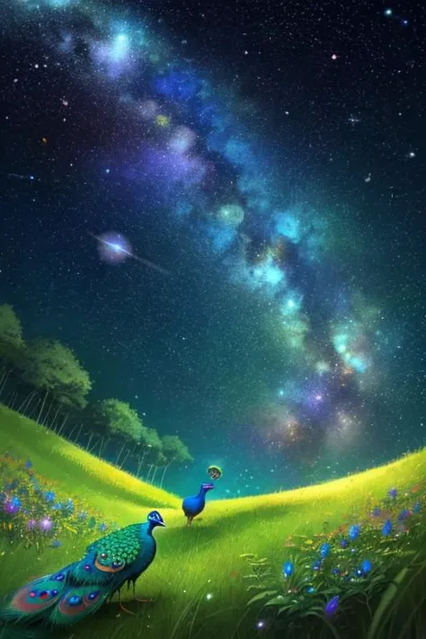 bokeh, peacock boy, grass field at night, outer space sky