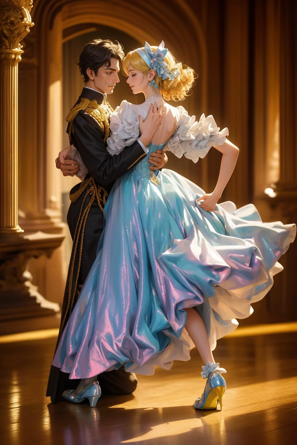 Couple dancing, (fantasy outfit:1.2) BREAK heels made of glass, blue hairband, glass shoes 1girl, long curly blonde hair, young woman,<lora:curly_hair_slider_v1:1> green eyes, <lora:age_slider_v6:1> <lora:detail_slider_v4:2> ,light smile, <lora:bluesparkleballgown:1> bluesparkleballgown BREAK dancing with a prince in a ball, fantasy theme, ballroom BREAK dancing prince in white princely outfit,