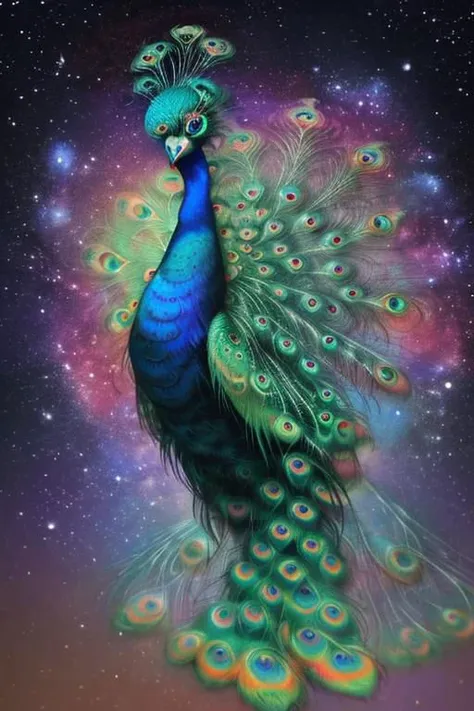 bokeh, a ((huge peacock)) made from swirling galaxies and nebula