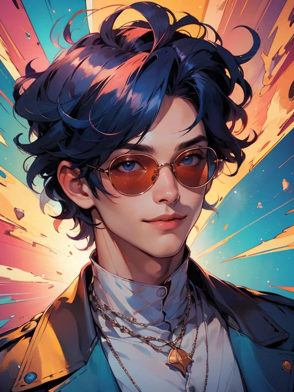 (oil painting artstyle), <lora:sxz-niji-v2:.2> , radial gradient symmetrical background, <lora:epi_noiseoffset2:1> , , 20 year young male prince,large pectorals, male, short,smile,portrait, , combed hair,seductive smile,, sapphire necklace, full lips, detailed blue eyes, ,hair,, <lora:MaxRos:0.2>,pink sunglass