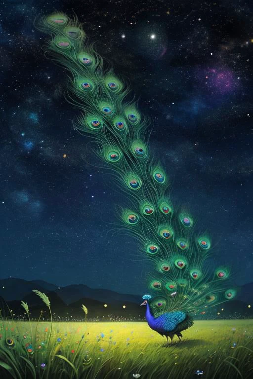 bokeh, peacock boy, grass field at night, outer space sky