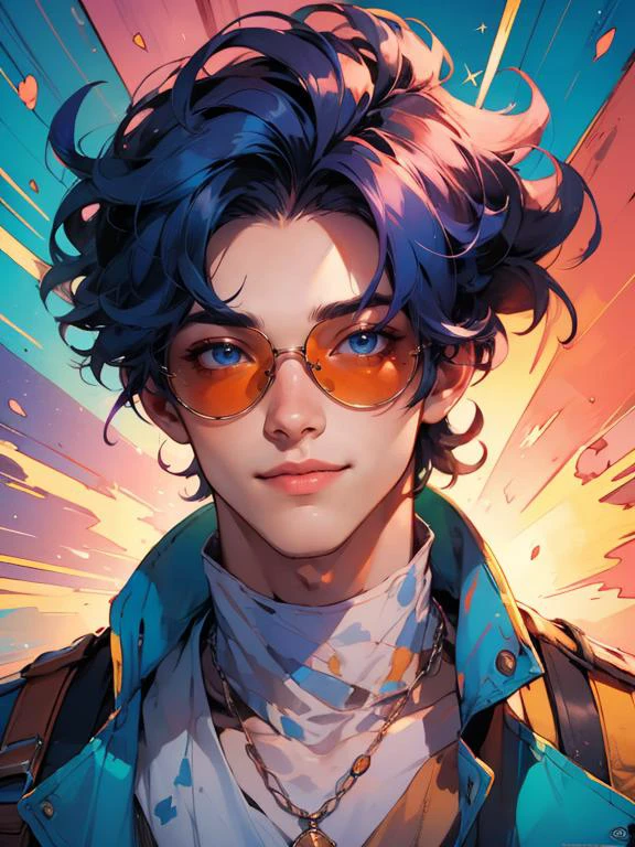 (oil painting artstyle), <lora:sxz-niji-v2:.2> , radial gradient symmetrical background, <lora:epi_noiseoffset2:1> , , 20 year young male prince,large pectorals, male, short,smile,portrait, , combed hair,seductive smile,, sapphire necklace, full lips, detailed blue eyes, ,hair,, <lora:MaxRos:0.2>,pink sunglass