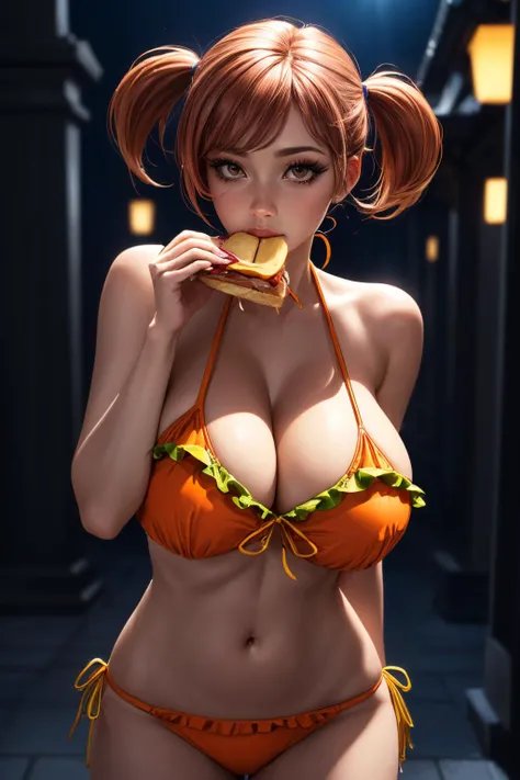 Toy Chika bird animatronic from fnia 3d , yellow skin , no nose ,top view of chest ,sitting on his knees, curvaceous physique , female body ,gigantic boobs , big ass, wide hips ,She is wearing a bib with a pizza print.