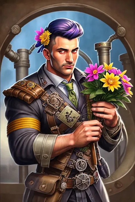 realistic sketch portrait of a man, flowers, [gears], pipes, dieselpunk, multi-colored ribbons, trading card, highly detailed