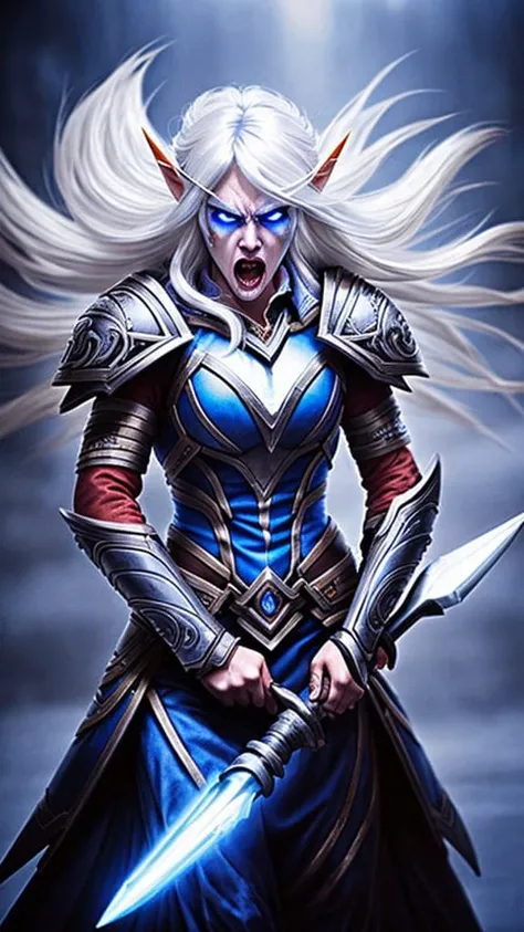 award winning photo, 8k, soft lighting, Sylvanas Windrunner, banshee , (screaming with rage), with long silver-white hair and pointed ears, slender athletic build, 5'6" tall, piercing blue eyes and a sharp, angular face, wearing a suit of dark leather armor, adorned with silver filigree, holding a pair of curved, silver-colored blades, nikon d 850 film stock photograph 4 kodak portra 400 camera f16 lens rich colors hyper realistic lifelike texture dramatic lighting trending on artstation cinestill 800 <lora:warcraftTheLora_v10:0.5>