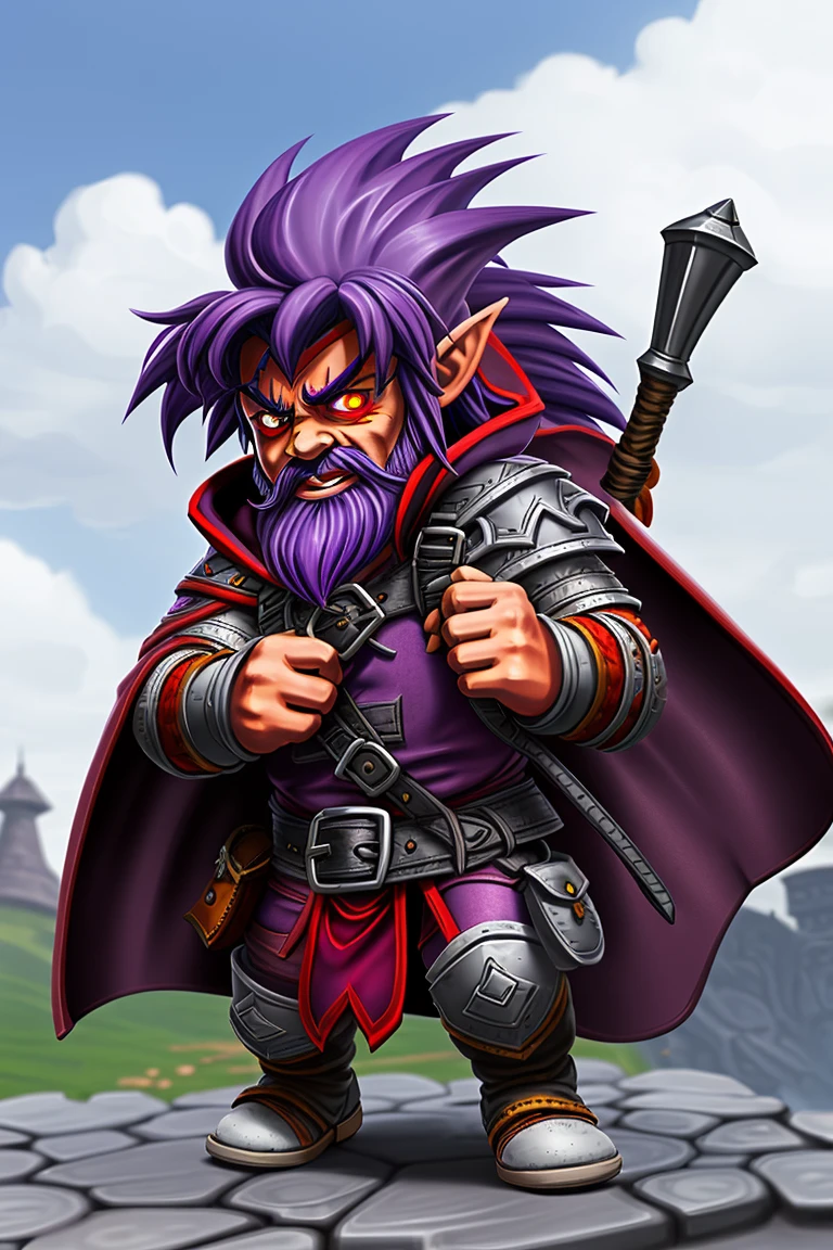 solo, alone, close up, portrait, gnome, rugged, short purple hair, red eyes, wearing a backpack, fantasy thief, perspective, black leather armor, silver trim on cloak, angry <lora:warcraftTheLora_v10:0.5>
