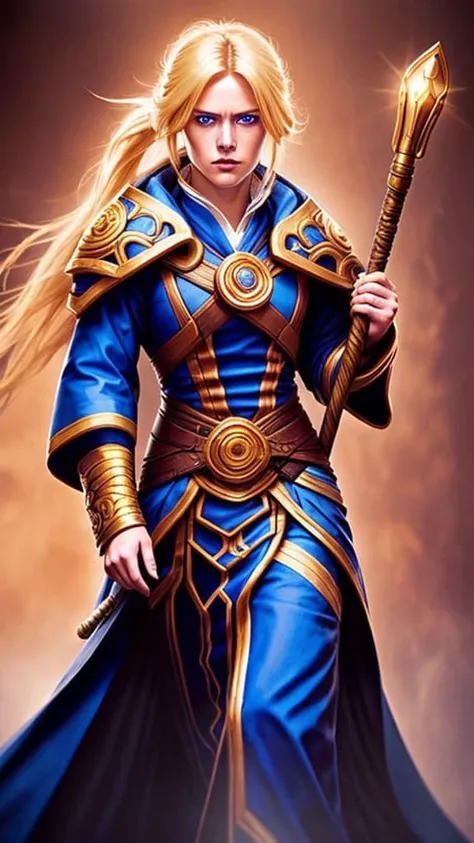 award winning photo, 8k, soft lighting, (Jaina Proudmoore), human mage, with long, blonde hair in a ponytail, slender athletic build, 5'6" tall, blue eyes and a fair complexion, wearing elegant, serious, focused expression, flowing robes in shades of blue, with intricate golden embroidery, holding a staff, nikon d 850 film stock photograph 4 kodak portra 400 camera f16 lens rich colors hyper realistic lifelike texture dramatic lighting trending on artstation cinestill 800<lora:warcraftTheLora_v10:0.5>