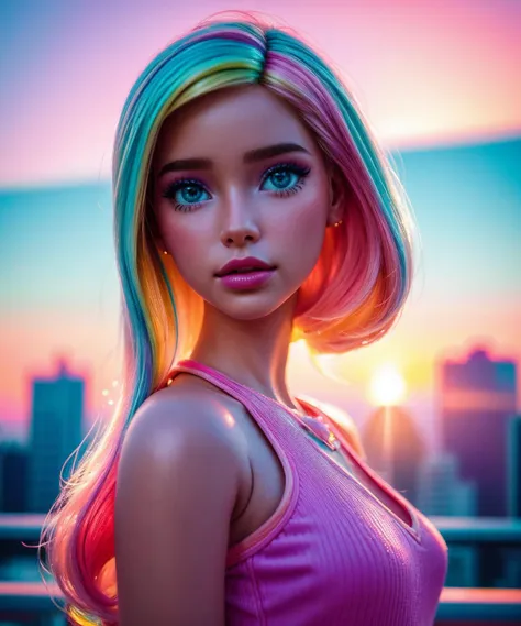 1girl, colorful, hand drawn, vibrant pastel colors, (bubblegum Vaporwave aesthetic), beautiful Barbie doll bombshell, sunset, destroyed city, best quality masterpiece, photorealistic, detailed, 8k, HDR, shallow depth of field, broad light, high contrast, backlighting, bloom, light sparkles, chromatic aberration, sharp focus, RAW color photo, <lora:add_detail:0.6>