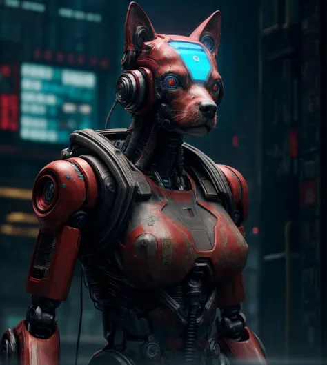 RAW photograph,  still,  cyberpunk, robot [dog|cat], octane render, intense, <lora:add_detail:1>