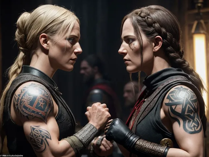 an Denmark actress Cecilie Stenspil who played the role warrior-viking woman Eivor in Assassin's Creed - Valhalla, muscular body, tattoos, an old scar on her cheek, downed fists, the raven clan, medieval england, fist fight, uppercut hook, duel of a close look, they look eye to eye, they stared at each other