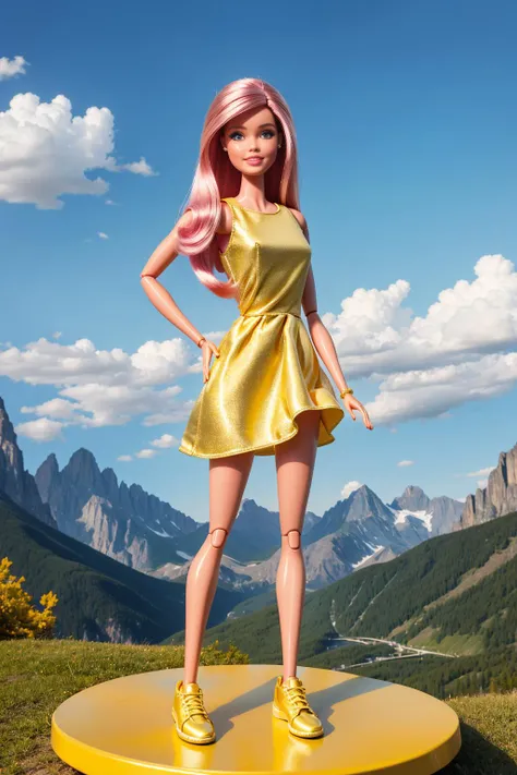 (full body), (Very pretty Barbie girl), ((Beautiful Toy World)), (golden shoes), (((solo))), Perfect and very beautiful face, magnificent sky background, standing in front of mountain skyline, dramatic, gorgeous, good anatomy, good proportions, hero pose, award winning, masterpiece, volumetric lighting, centered, (realistic photo)
