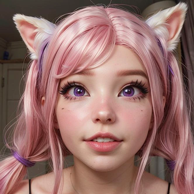 <DI_belle_delphine_v1:1> belle delpine, pink air, ((photorealistic)) , plastic wig , ((mid-shot)), purple eyes, violet eyes, <lora:more_details:0.6><lora:DI_belle_delphine_v1:1.0><lora:DI_belle_delphine_v1:1.0>