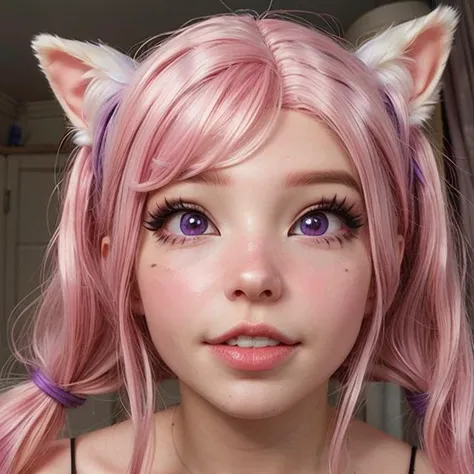 <DI_belle_delphine_v1:1> belle delpine, pink air, ((photorealistic)) , plastic wig , ((mid-shot)), purple eyes, violet eyes,   <lora:more_details:0.6><lora:DI_belle_delphine_v1:1.0><lora:DI_belle_delphine_v1:1.0>