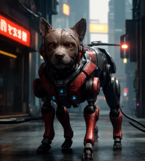 RAW photograph,  still,  cyberpunk, robot [dog|cat], octane render, intense, <lora:add_detail:1>