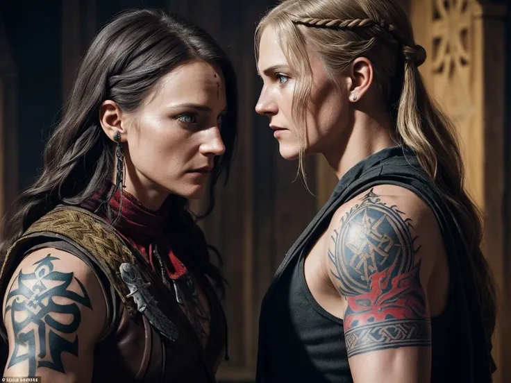 an Denmark actress Cecilie Stenspil who played the role  warrior-viking woman Eivor in Assassin's Creed - Valhalla, muscular body, tattoos, an old scar on her cheek, downed fists, the raven clan, medieval england, fist fight, uppercut hook, the struggle of views, they look eye to eye