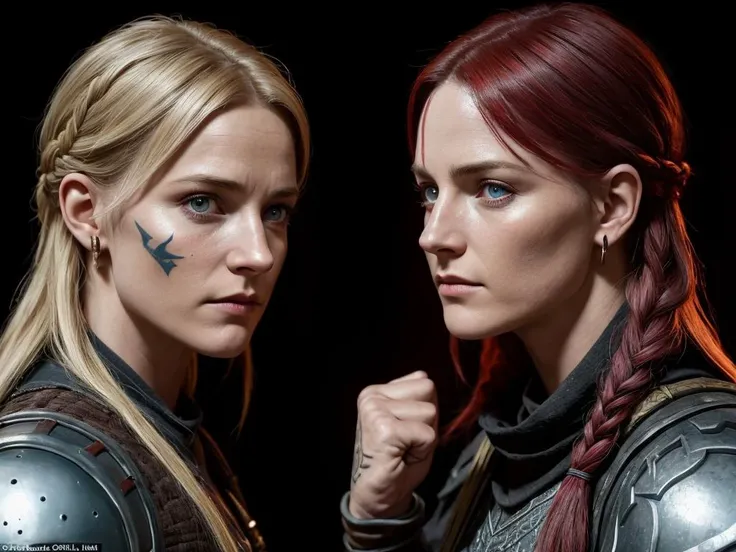 an Denmark actress Cecilie Stenspil who played the role warrior-viking woman Eivor in Assassin's Creed - Valhalla, muscular body, tattoos, an old scar on her cheek, downed fists, the raven clan, medieval england, fist fight, uppercut hook, duel of a close look, they look eye to eye, they stared at each other