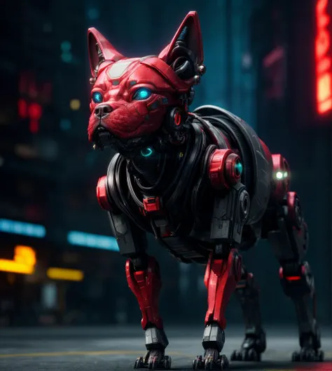 RAW photograph,  still,  cyberpunk, robot [dog|cat], octane render, intense, <lora:add_detail:1>