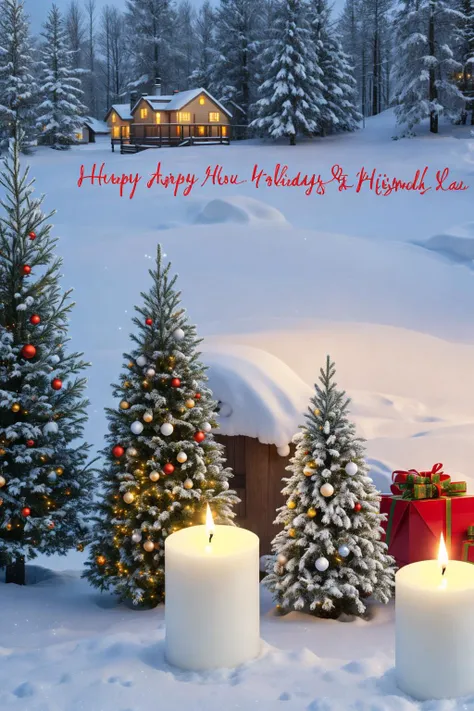 cinematic view, high definition picture, north snow covered landscape, covered by christmas trees, christmas decoration, candles, colored small christmas balls, text that says "Happy holidays" <lora:christmas:1>