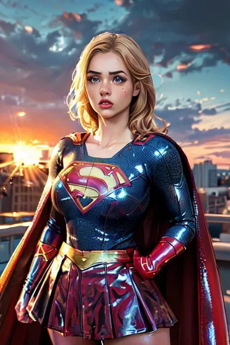 (masterpiece, 8k, 4k, extremely detailed, dynamic lighting and shading:1.4), curvymodel cosplay, super sexy redhead curvy model, my hero, (hyperdetailed:1.2) illustration of ArdeliaChz ((((wearing a shiny latex supergirl outfit:1.2), bare midriff, pleated latex mini-skirt, latex cape))), (standing on a rooftop) in Kiev, sharp focus, dramatic pose, (((red hair, freckles, huge breasts, curvy model))), closeup, sunset, volumetric lighting, (vivid colors:1.2), (detailed realistic skin textures:1.3), (detailed face and eyes:1.2), 8k, absurdres, DC, (hyperrealistic:1.3), (masterpiece, best quality:1.5),<lora:FF-Latex.ID-XL-011.bf16:1.0><lora:FF-Latex.ID-XL-011.bf16:1.0><lora:FF-Latex.ID-XL-011.bf16:1.0>