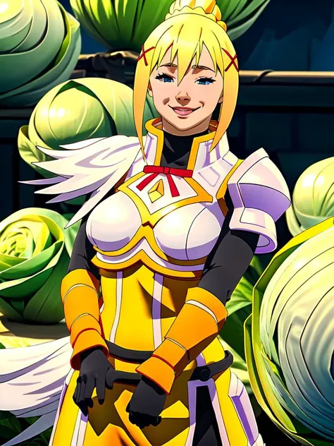 <lora:Dknss-KJ, armor, shoulder armor, x hair ornament, gloves, hair ornament -darkness konosuba-:1>(Dknss-KJ, armor, shoulder armor, x hair ornament, gloves, hair ornament, official style, style parody) (((surrounded by floating cabbage, broken armor, torn clothes, orgasmic smile)))