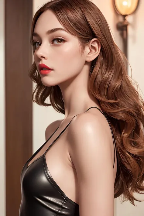 (masterpiece, best quality), Build a top-notch, highly detailed masterpiece, Blush pink Faux Leather Slip Dress, Athletic, Triangular Face, Bronze Skin, Narrow Nose, Thin Lips, Prominent Chin, Orange cream lipstick, clip, auburn Straight Hair Shoulder-Length Hair Waves, leaning backwards, running