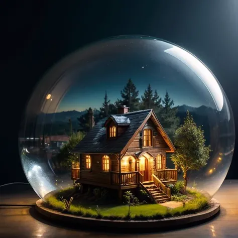 mini house, landscape, old fashion, nature, night light, a bubble, in the bubble, high detailed, masterpiece, best quality, <lora:Bubble_Sora:0.4>, (masterpiece,best quality:1.5)