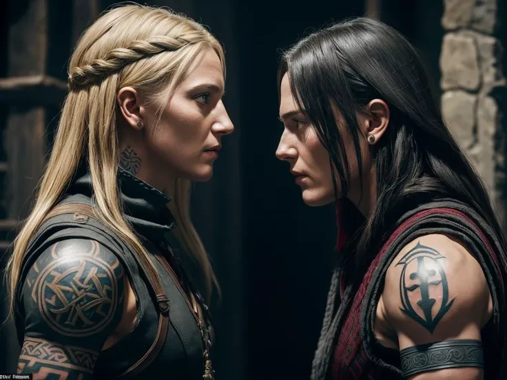 an Denmark actress Cecilie Stenspil who played the role warrior-viking woman Eivor in Assassin's Creed - Valhalla, muscular body, tattoos, an old scar on her cheek, downed fists, the raven clan, medieval england, fist fight, uppercut hook, duel of a close look, they look eye to eye, they stared at each other