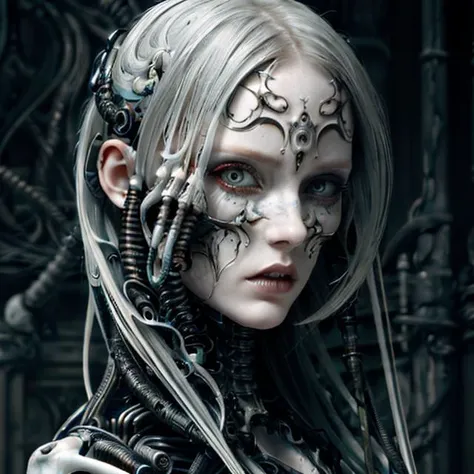 translucent bone, (Style of Karel Zeman), realistic steampunk at night, creepy (clown:0.3) Cthulhu puppet, shock art, [sausage hair], uganda knuckles, angry bob ross, 4k photorealistic realistic painting, telegram sticker, bulging veiny eyeballs, (symmetrical eyes), nightmare fuel, scary, gory, messy, dirty, bloody mouth, sharp teeth, colorful, (style of The Hagan Brothers), futuristic Visigoth, in style of chrome HR Giger connected to heart machines, white biomechanical details, masterpiece goddess of sorrow, silver hair woman, portrait of a mechanical woman, a woman with blood all over her body, gothic church background, chaos beauty, analog 150 mm lens, beautiful natural soft rim light, crystal feathers, roots, fine foliage lace, colorful details, Boris Bidjan Saberi outfit, art nouveau fashion embroidered, intricate details, mesh wire, Mandelbrot fractal, facial muscles, cable wires, microchip, badass, hyper realistic, ultra detailed, octane render, volumetric lighting, 8k post-production, red and white with a bit of black, detailed metallic bones, semi human, iridescent colors, Glenn Brown style, futuristic room, power of the god, high-angle shot, complex body poses, Aeon Flux, <lora:Biomechanicals_v2_lora1500:0.85>,  AS-Adult, deep facial scars, swirl pupil, confident